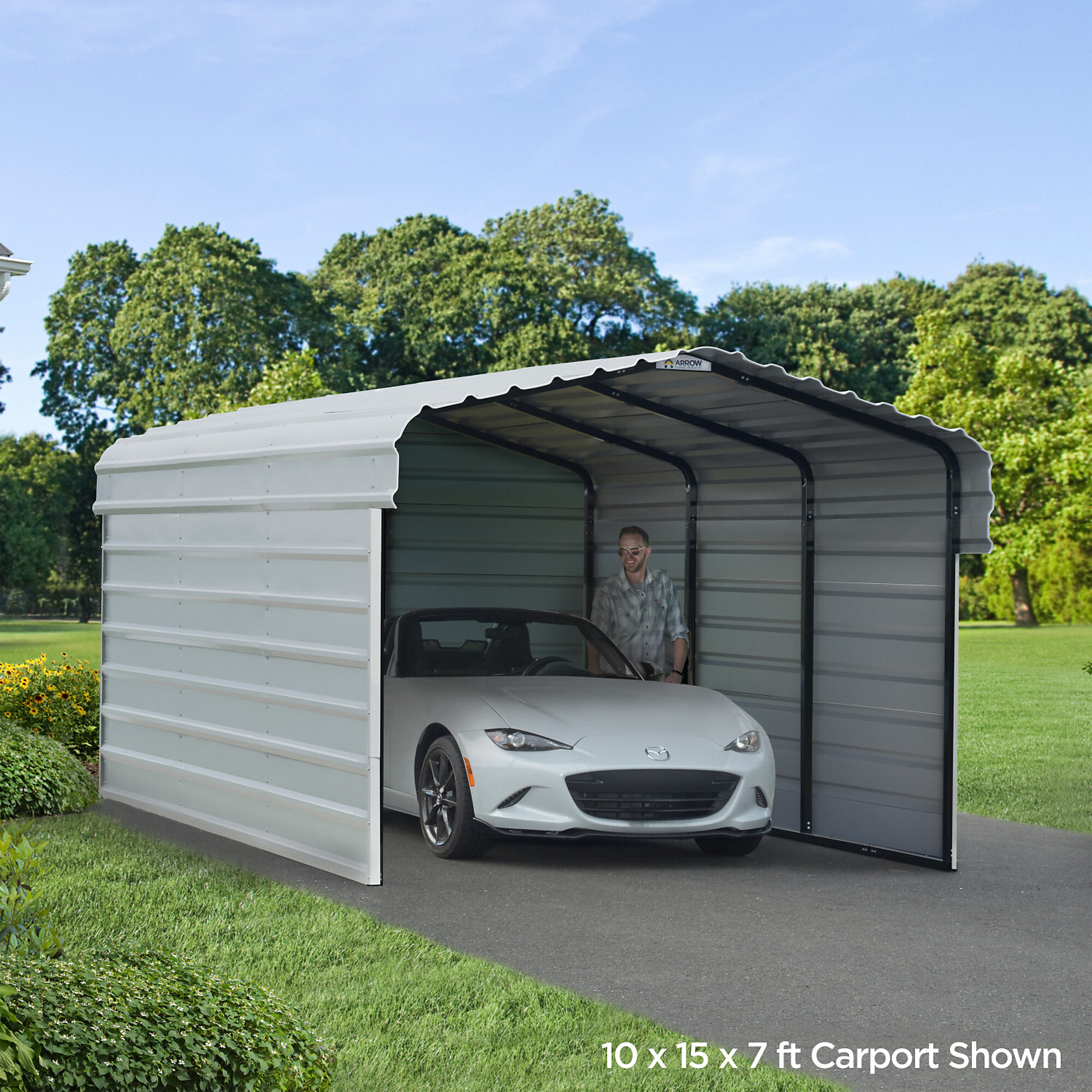 Arrow, Arrow 10x15x9 3 Sided Carport, Width 120 in, Height 123.15 in, Cover Material Steel, Model# CPH101509ECL3